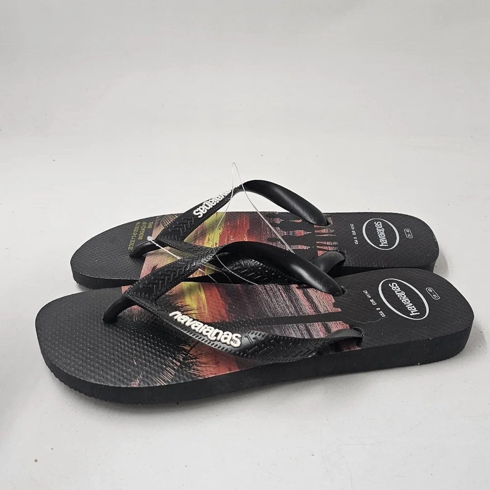 Havaianas Hype Sunset Graphic Flip Flops Black Rubber Sandals Sz 8